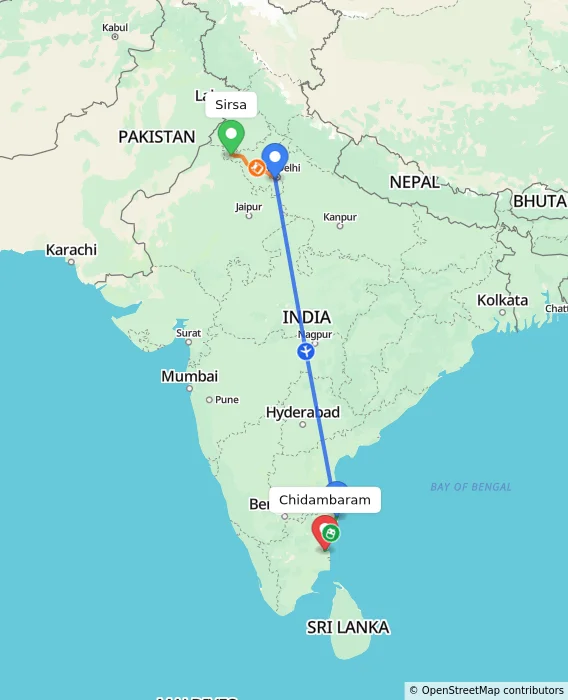 Route map showing distance and travel time from Sirsa, India to Chidambaram, India