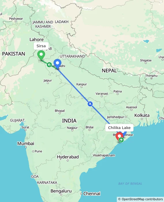 Route map showing distance and travel time from Sirsa, India to Chilika Lake, India