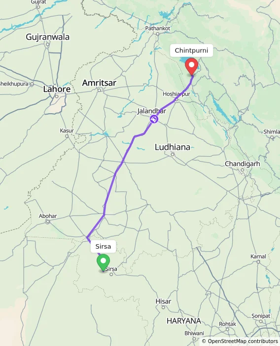 Route map showing distance and travel time from Sirsa, India to Chintpurni, India