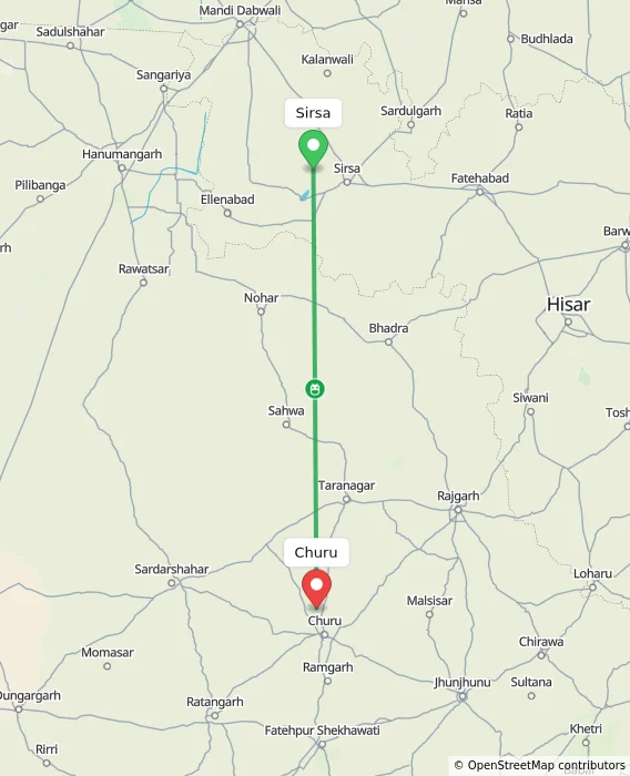 Route map showing distance and travel time from Sirsa, India to Churu, India