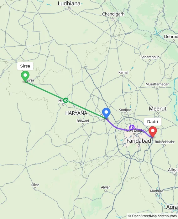 Route map showing distance and travel time from Sirsa, India to Dadri, India