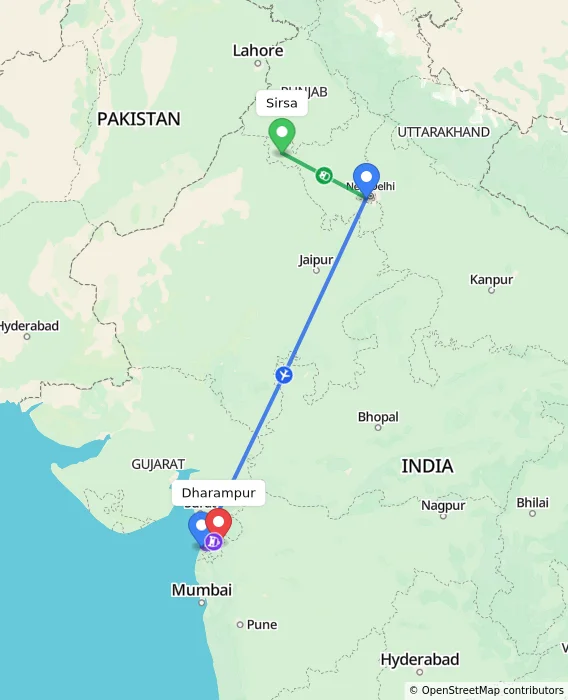 Route map showing distance and travel time from Sirsa, India to Dharampur, India