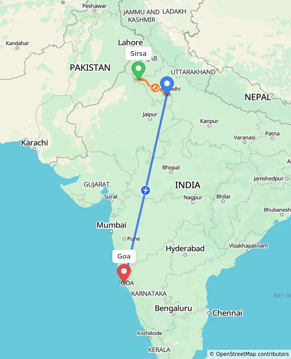 Route map showing distance and travel time from Sirsa, India to Goa, India