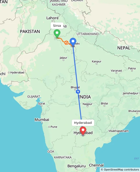 Route map showing distance and travel time from Sirsa, India to Hyderabad, India
