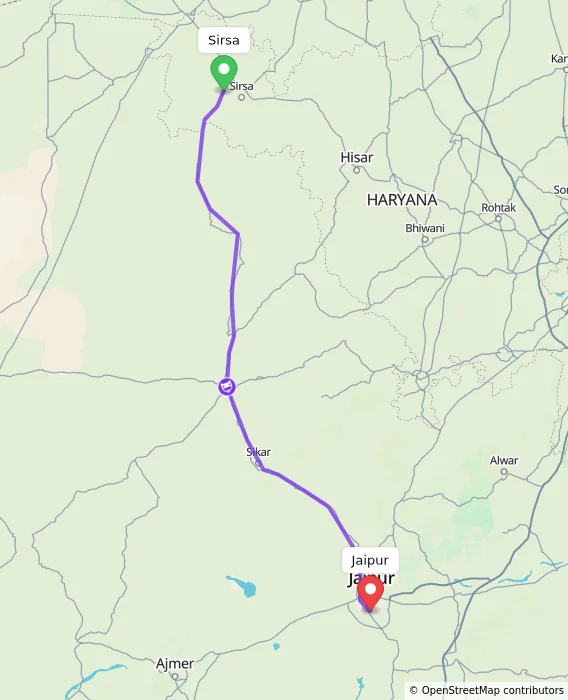 Route map showing distance and travel time from Sirsa, India to Jaipur, India