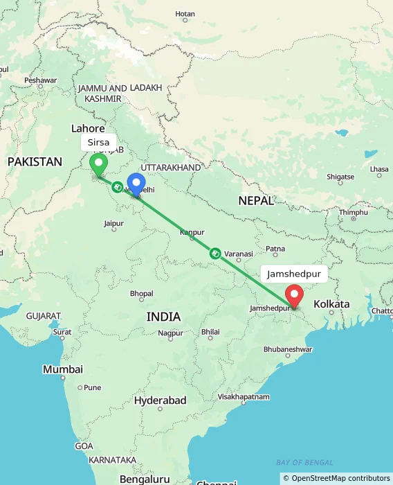 Route map showing distance and travel time from Sirsa, India to Jamshedpur, India