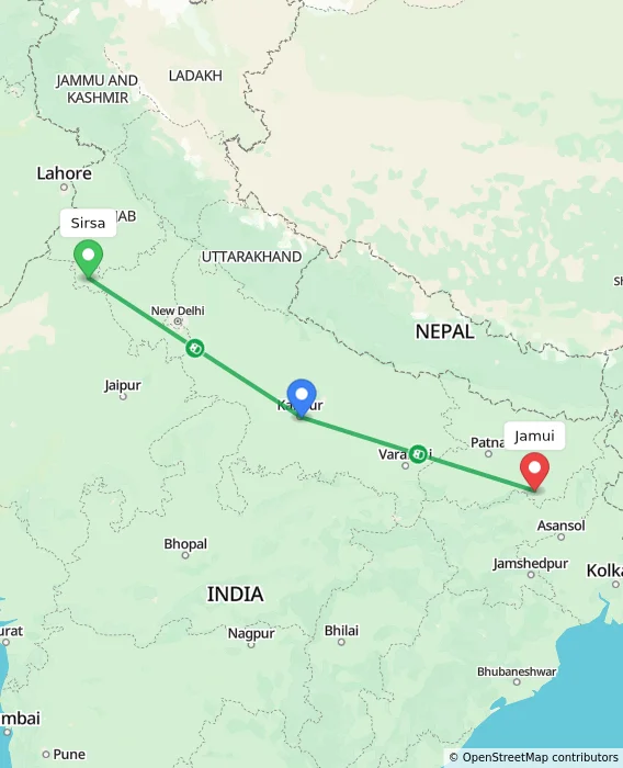 Route map showing distance and travel time from Sirsa, India to Jamui, India