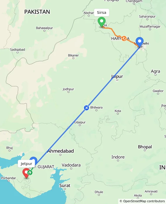 Route map showing distance and travel time from Sirsa, India to Jetpur, India