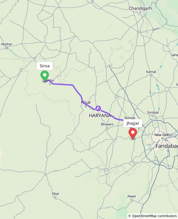 Route map showing distance and travel time from Sirsa, India to Jhajjar, India