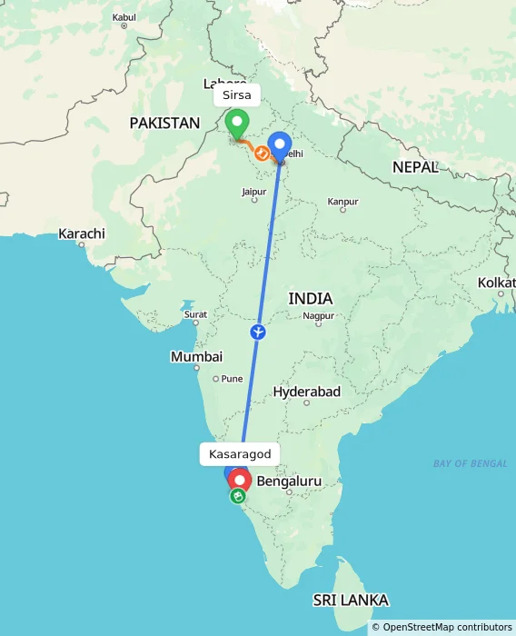 Route map showing distance and travel time from Sirsa, India to Kasaragod, India