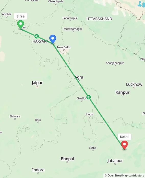 Route map showing distance and travel time from Sirsa, India to Katni, India