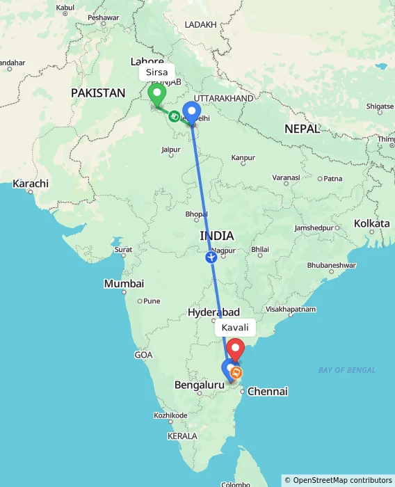 Route map showing distance and travel time from Sirsa, India to Kavali, India