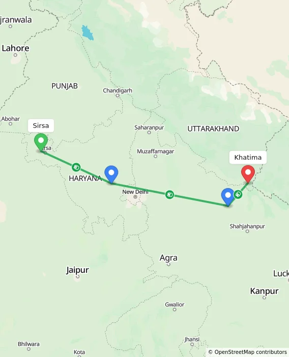 Route map showing distance and travel time from Sirsa, India to Khatima, India