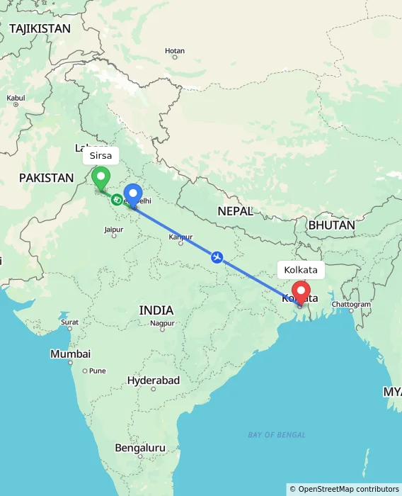 Route map showing distance and travel time from Sirsa, India to Kolkata, India