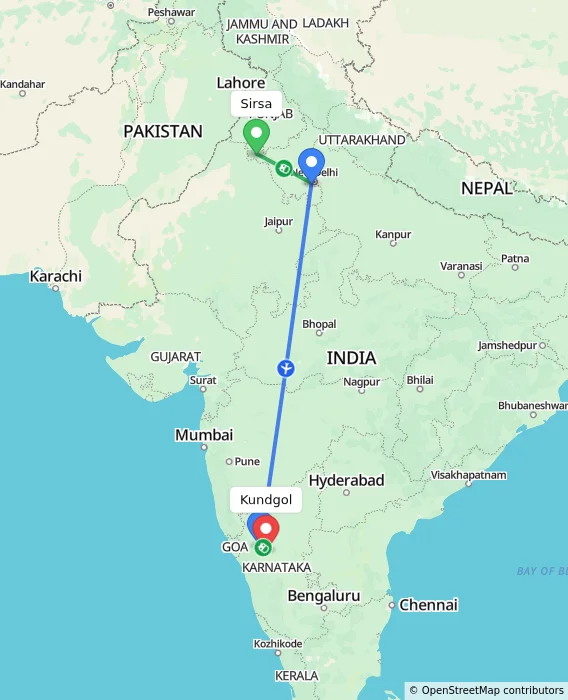 Route map showing distance and travel time from Sirsa, India to Kundgol, India