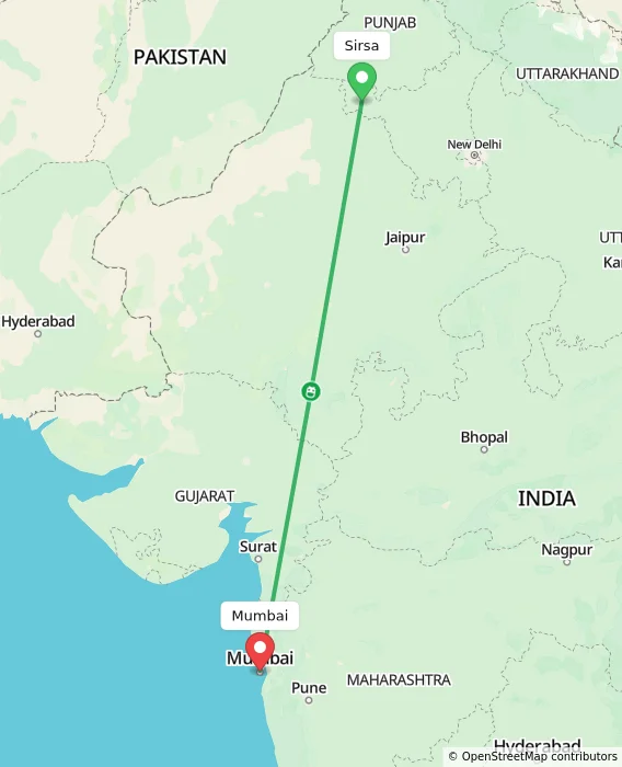 Route map showing distance and travel time from Sirsa, India to Mumbai, India