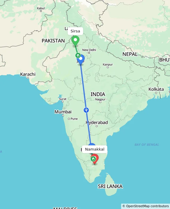 Route map showing distance and travel time from Sirsa, India to Namakkal, India