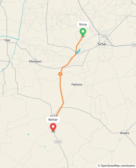 Route map showing distance and travel time from Sirsa, India to Nohar, India