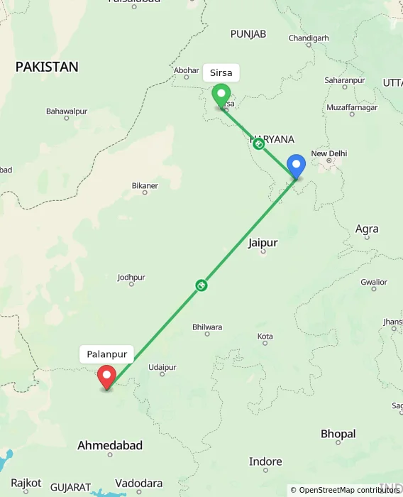 Route map showing distance and travel time from Sirsa, India to Palanpur, India