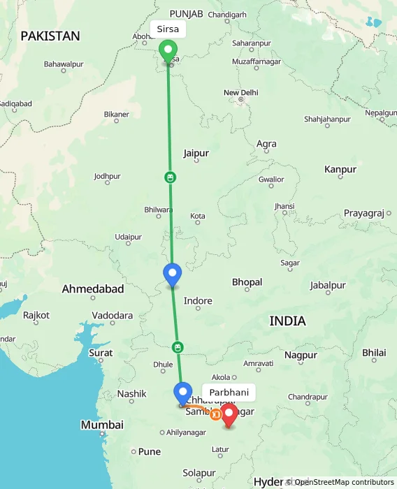 Route map showing distance and travel time from Sirsa, India to Parbhani, India