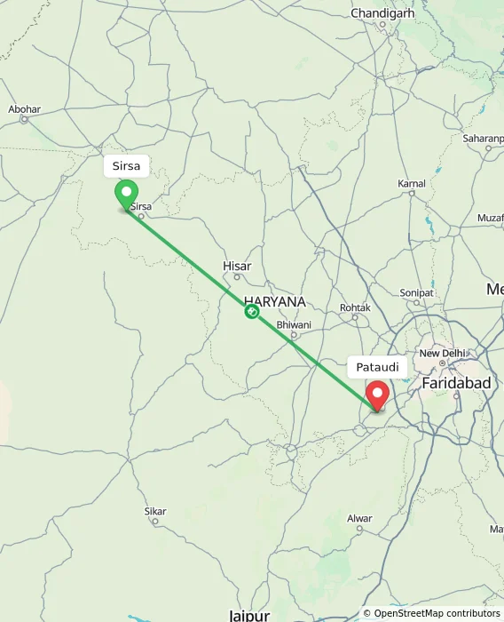Route map showing distance and travel time from Sirsa, India to Pataudi, India