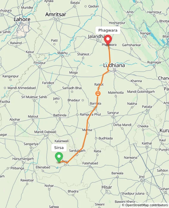 Route map showing distance and travel time from Sirsa, India to Phagwara, India