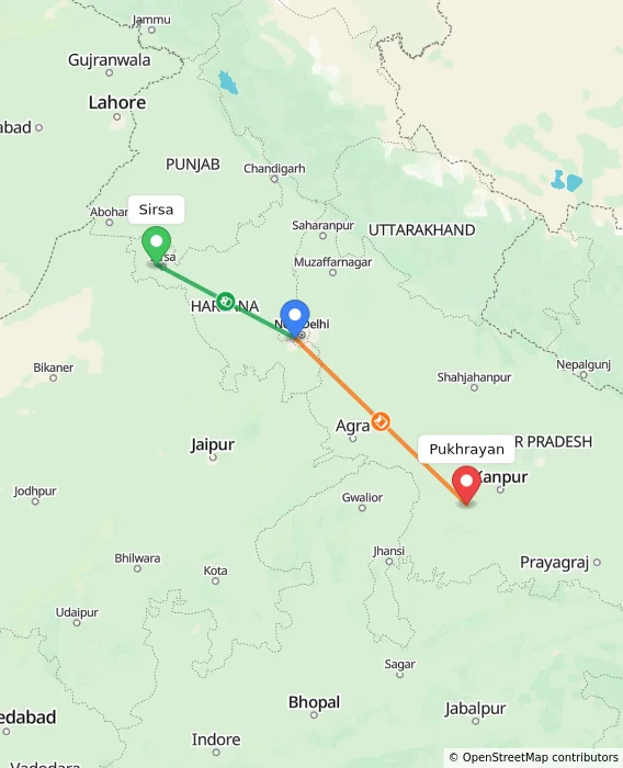 Route map showing distance and travel time from Sirsa, India to Pukhrayan, India
