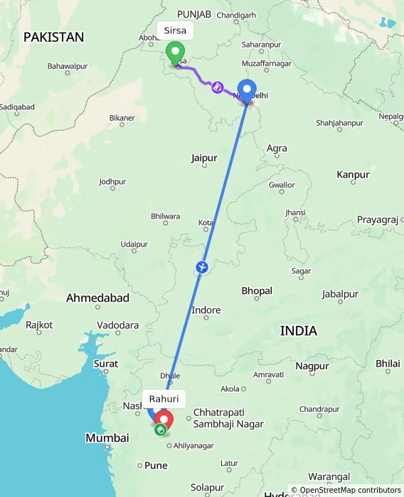 Route map showing distance and travel time from Sirsa, India to Rahuri, India