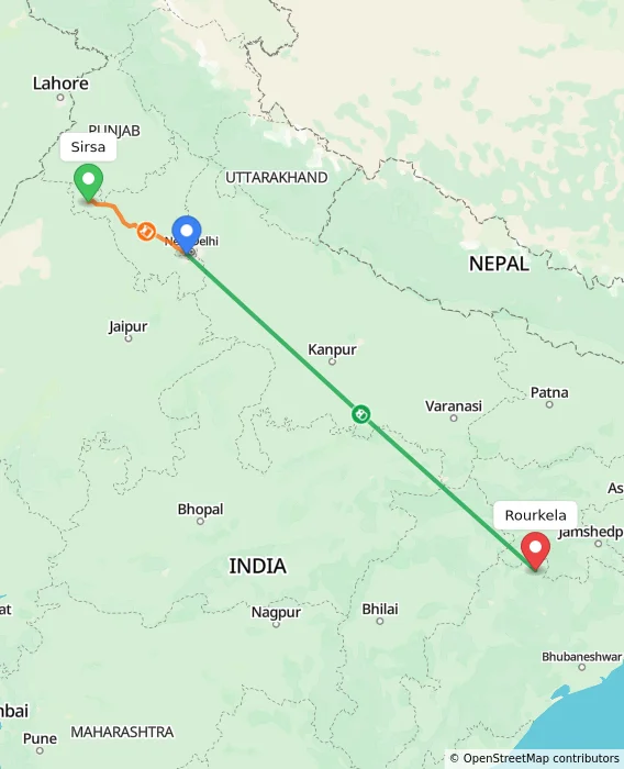 Route map showing distance and travel time from Sirsa, India to Rourkela, India