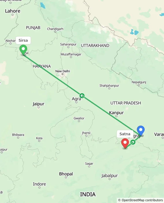 Route map showing distance and travel time from Sirsa, India to Satna, India