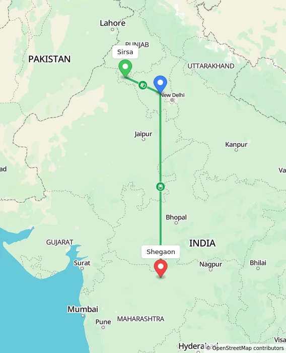 Route map showing distance and travel time from Sirsa, India to Shegaon, India