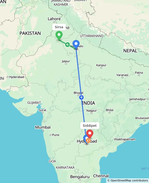 Route map showing distance and travel time from Sirsa, India to Siddipet, India