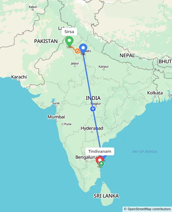 Route map showing distance and travel time from Sirsa, India to Tindivanam, India