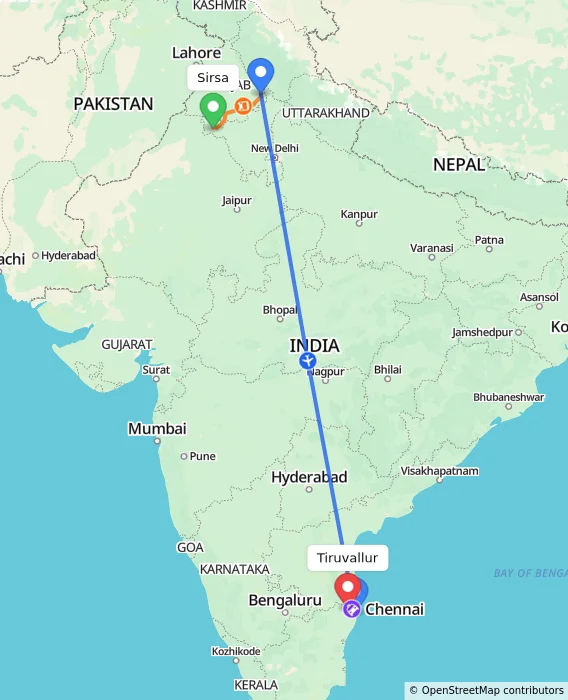 Route map showing distance and travel time from Sirsa, India to Tiruvallur, India