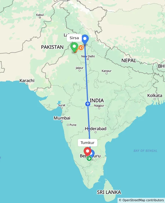 Route map showing distance and travel time from Sirsa, India to Tumkur, India