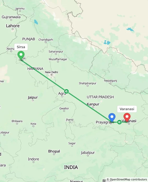 Route map showing distance and travel time from Sirsa, India to Varanasi, India