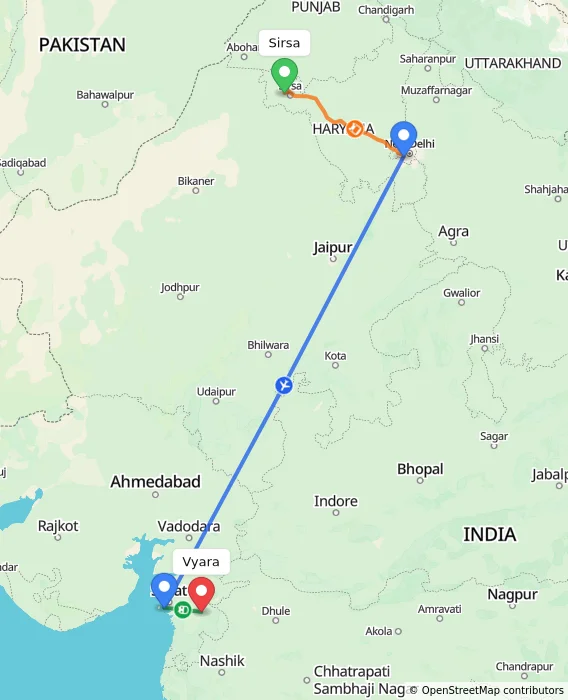 Route map showing distance and travel time from Sirsa, India to Vyara, India