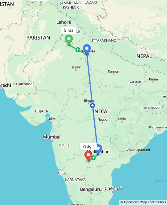 Route map showing distance and travel time from Sirsa, India to Yadgir, India