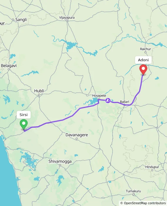 Route map showing distance and travel time from Sirsi, India to Adoni, India