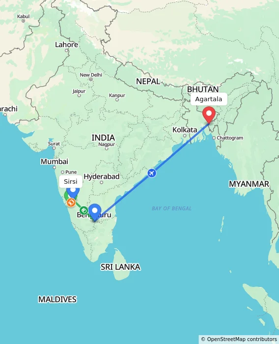 Route map showing distance and travel time from Sirsi, India to Agartala, India
