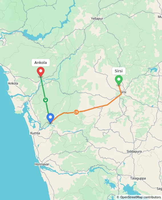 Route map showing distance and travel time from Sirsi, India to Ankola, India