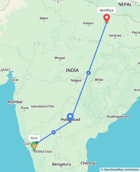 Route map showing distance and travel time from Sirsi, India to Ayodhya, India