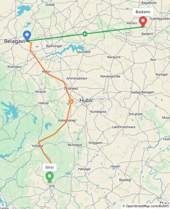 Route map showing distance and travel time from Sirsi, India to Badami, India