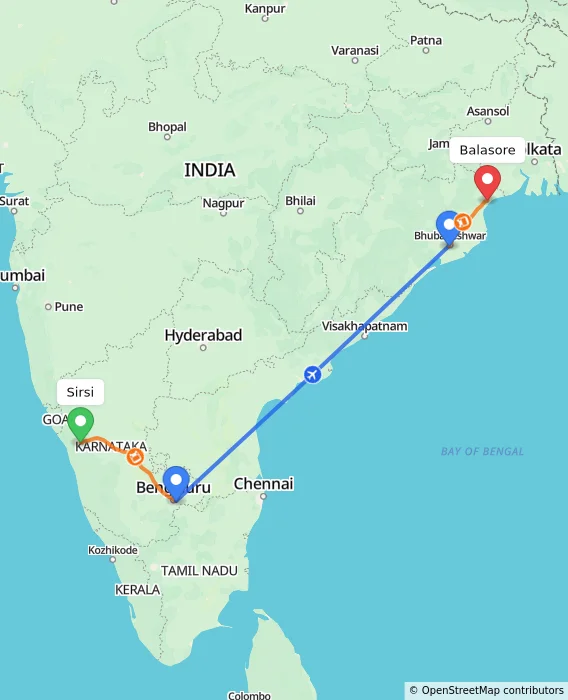 Route map showing distance and travel time from Sirsi, India to Balasore, India
