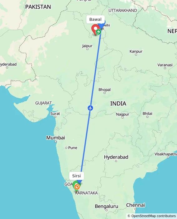 Route map showing distance and travel time from Sirsi, India to Bawal, India