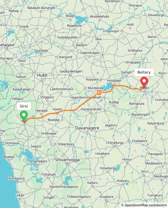 Route map showing distance and travel time from Sirsi, India to Bellary, India