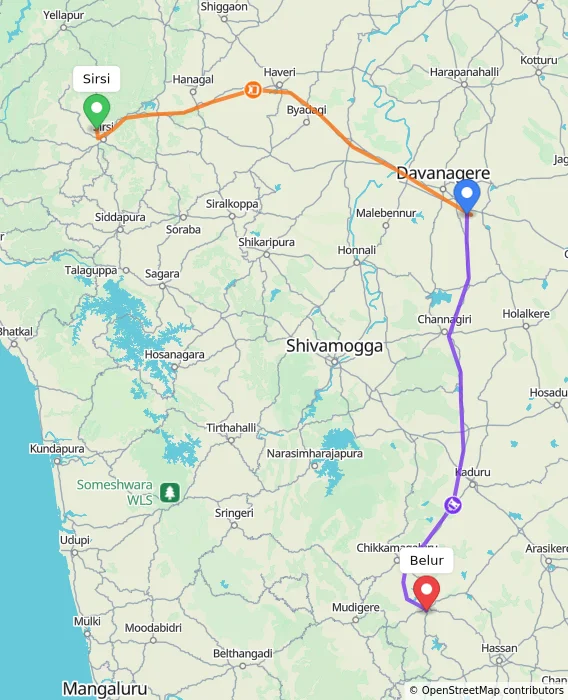 Route map showing distance and travel time from Sirsi, India to Belur, India