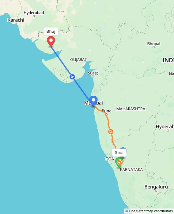 Route map showing distance and travel time from Sirsi, India to Bhuj, India