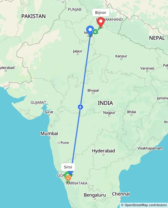 Route map showing distance and travel time from Sirsi, India to Bijnor, India