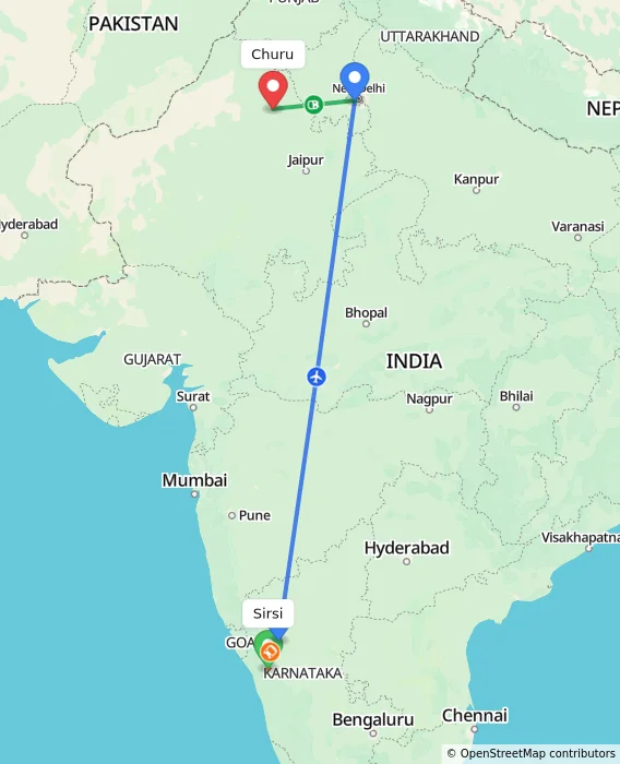 Route map showing distance and travel time from Sirsi, India to Churu, India